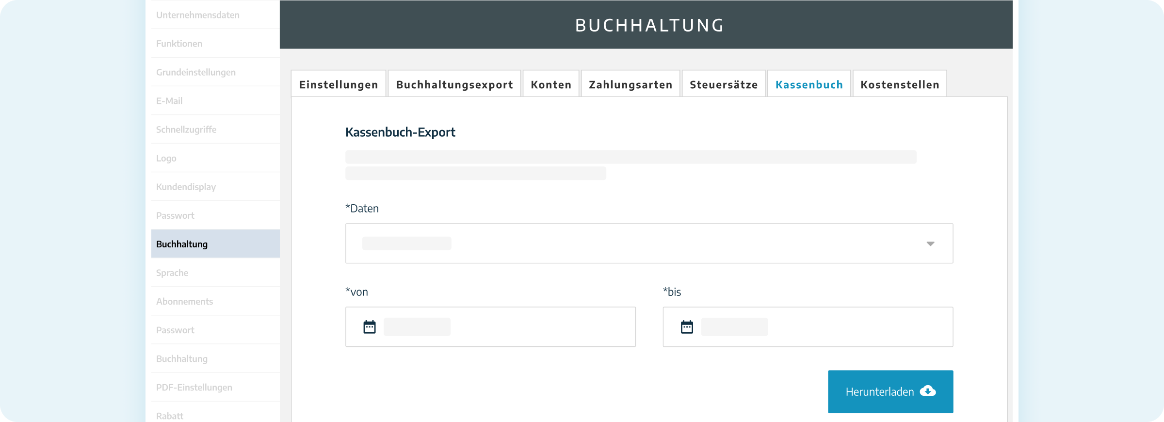 Details des Kassenbuch-Exports in der Verwaltungsoberfläche