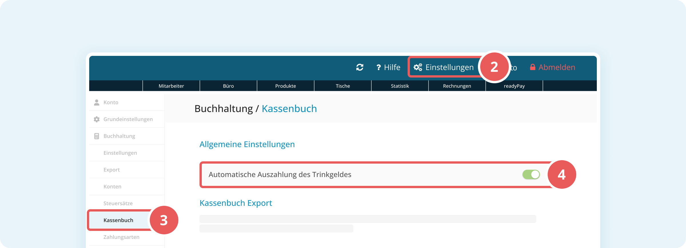Kassenbuch-Einstellungen mit Toggle für automatische Trinkgeldauszahlung