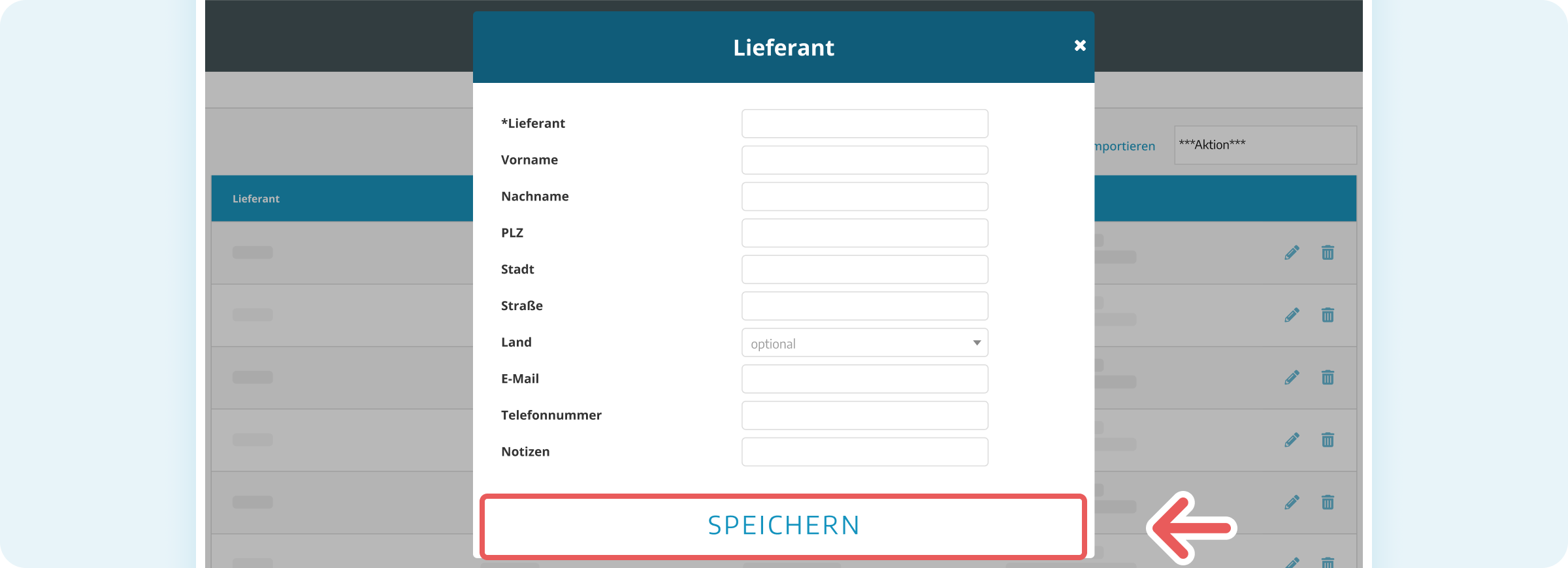 Lieferanten speichern in der Verwaltungsoberfläche