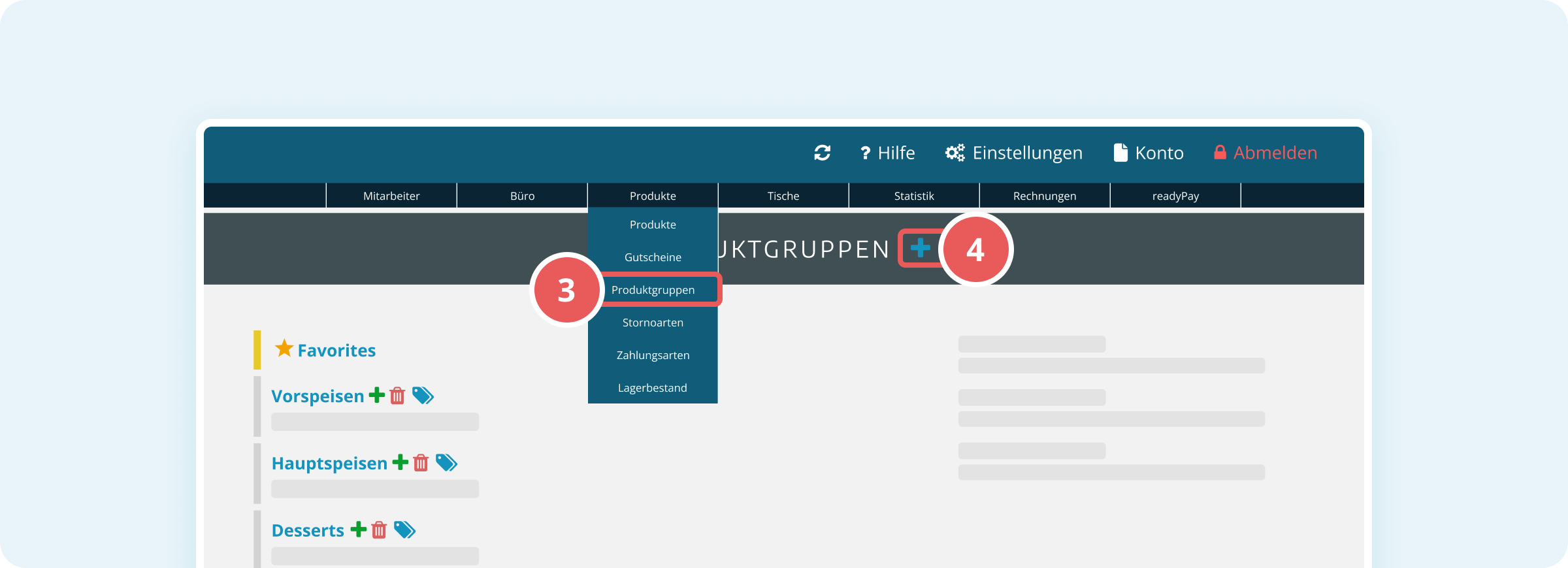 Navigation zu den Produktgruppen in der Verwaltungsoberfläche