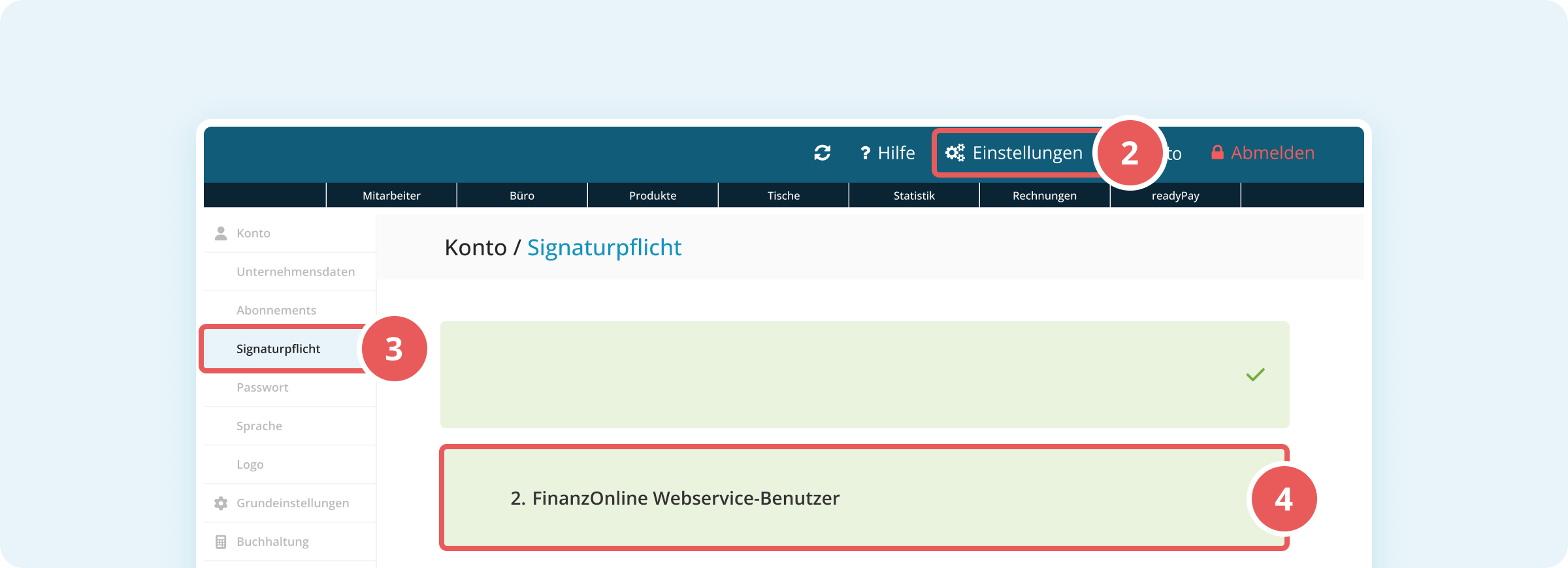 Bereich 2. FinanzOnline Webservice-Benutzer in den Signaturpflicht-Einstellungen