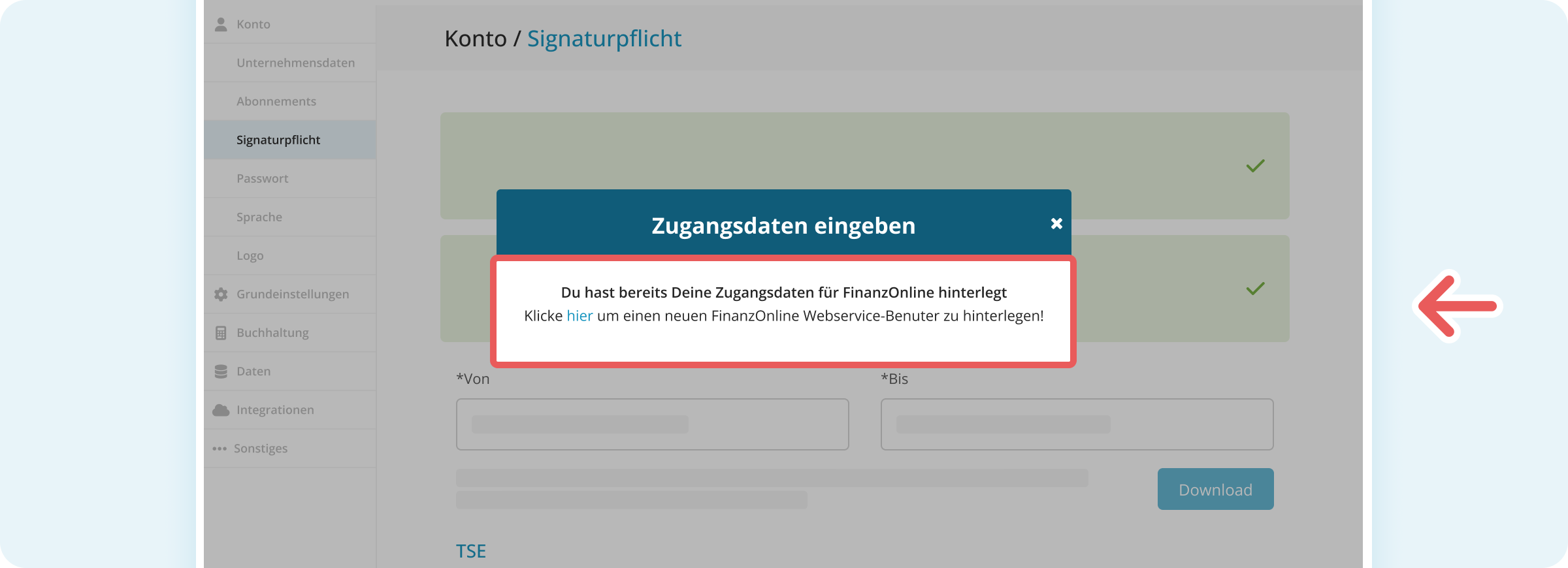 Link zum Entfernen des alten Webservice-Benutzers