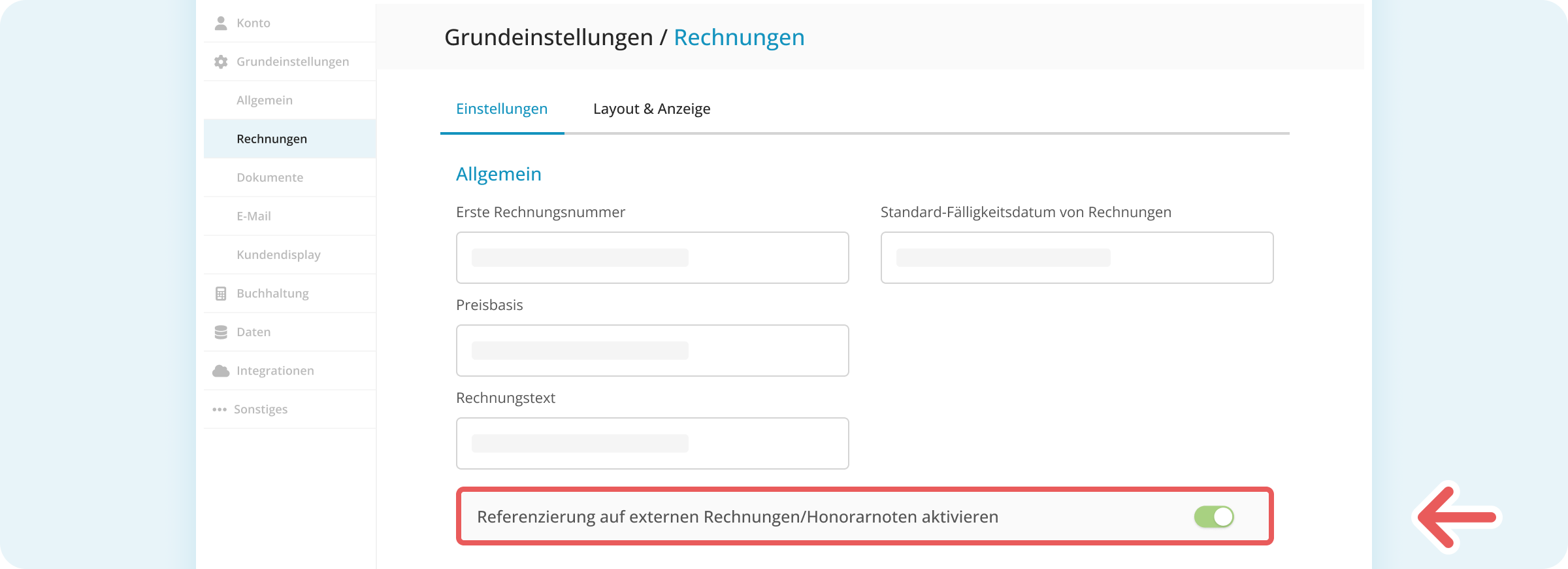 Aktivierung der Rechnungsreferenzen in der Verwaltungsoberfläche
