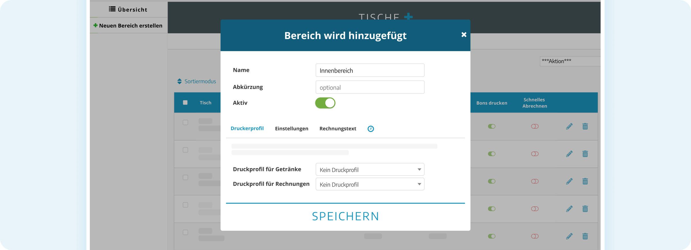 Tischbereich hinzufügen