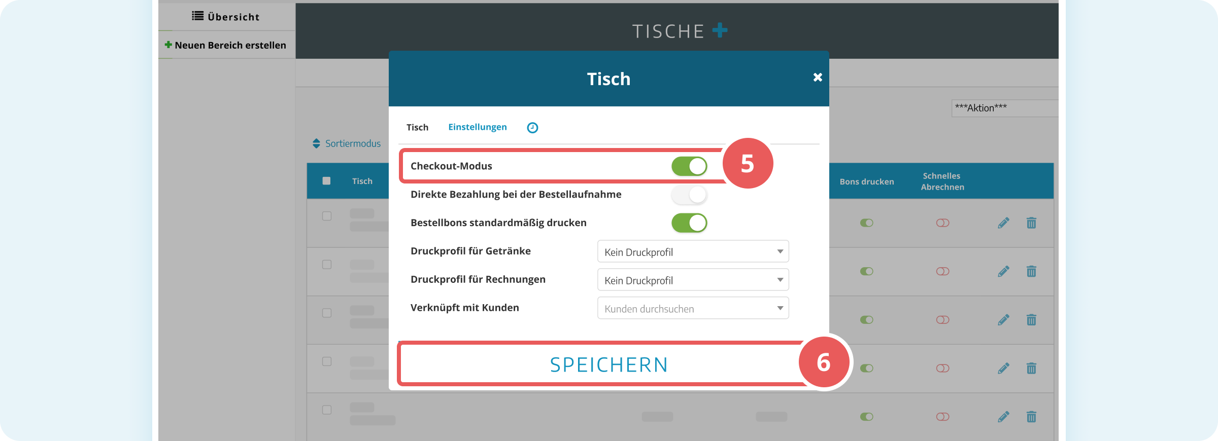 Checkout-Modus bei Tisch aktivieren
