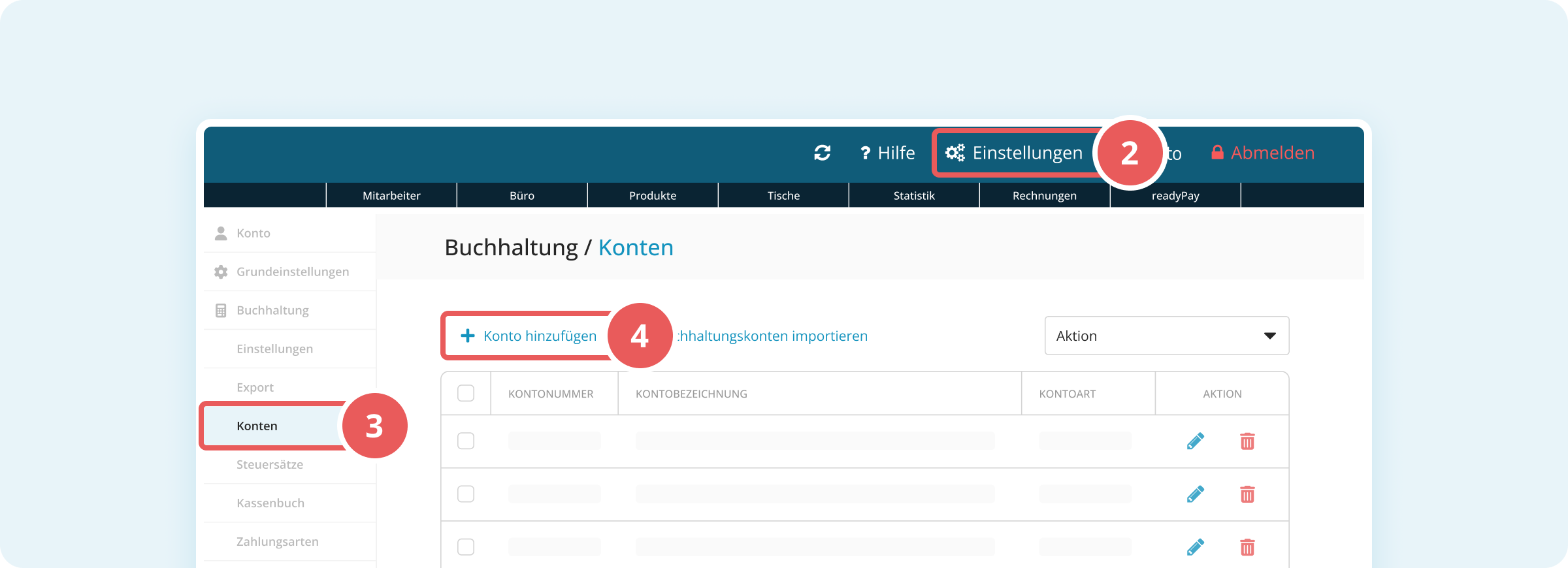 Navigation zu den Einstellungen der Buchhaltungskonten in der Verwaltungsoberfläche