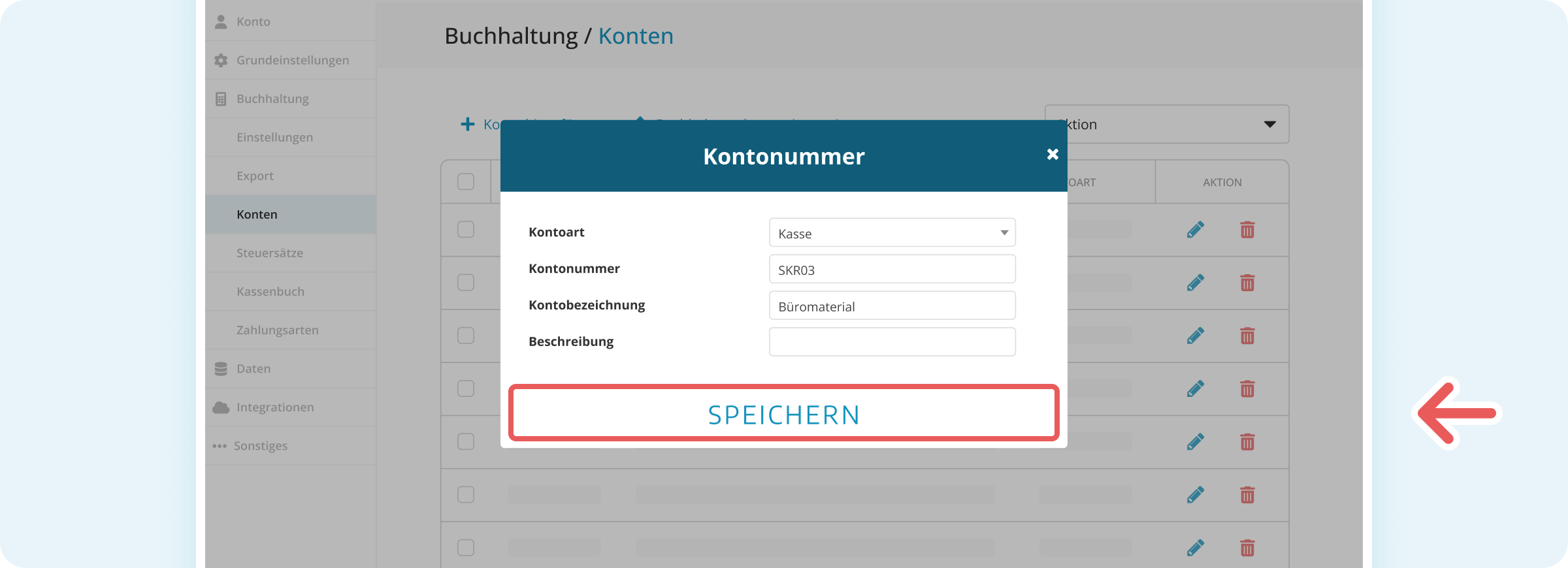 Buchhaltungskonto speichern in der Verwaltungsoberfläche