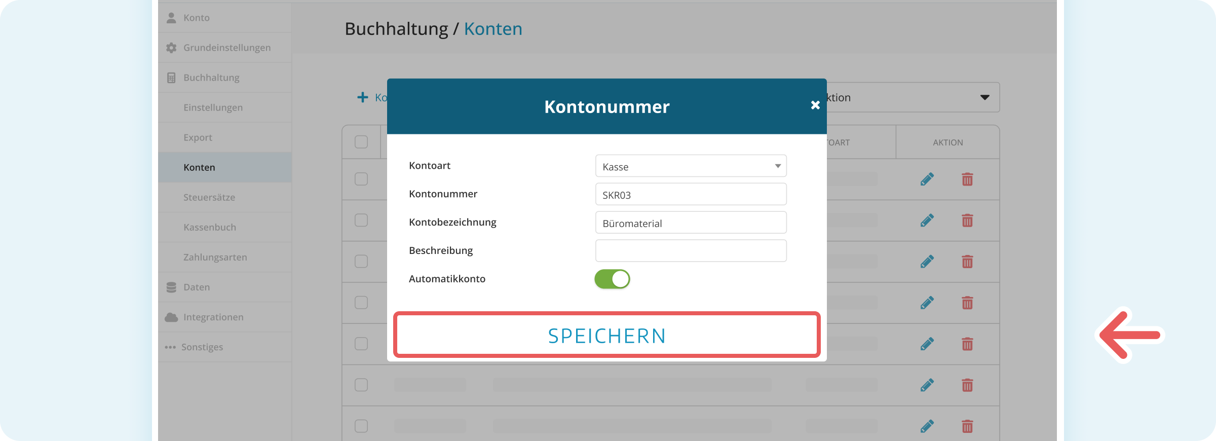 Buchhaltungskonto speichern in der Verwaltungsoberfläche