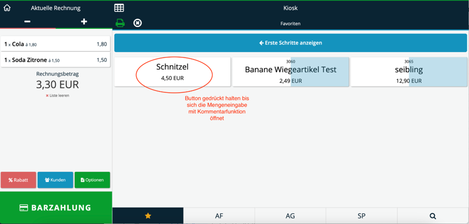Produktbutton gedrückt halten öffnet das Kommentarfeld