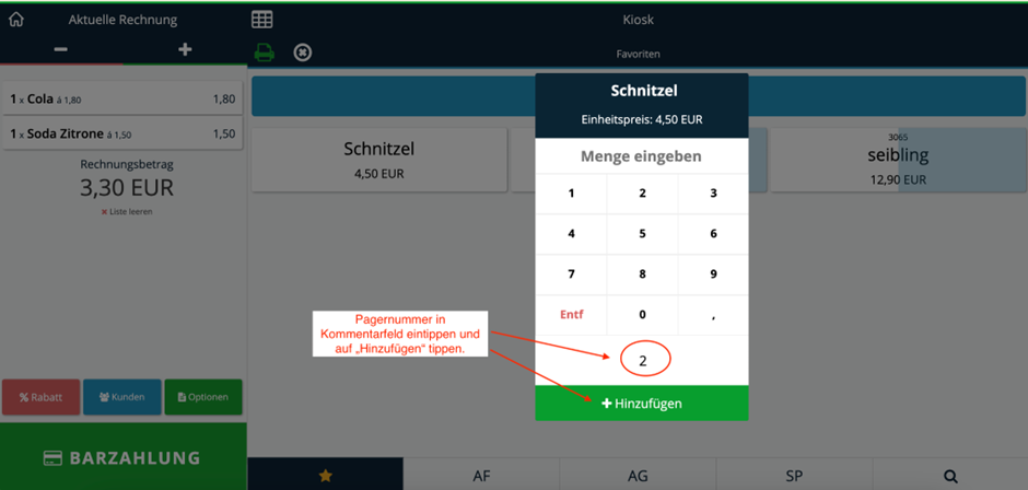 Pagernummer im Kommentarfeld eingeben