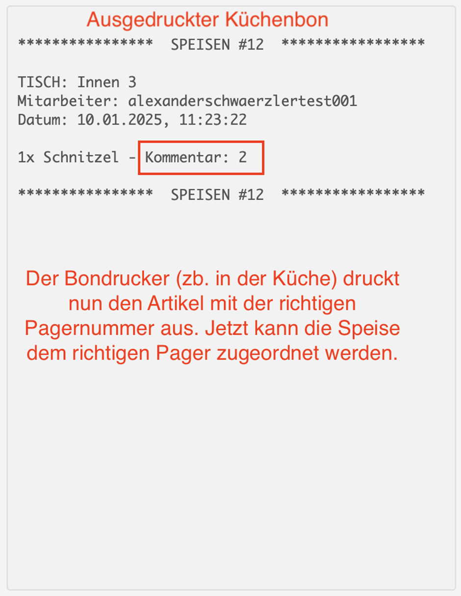 Gedruckter Speisebon mit Pagernummer