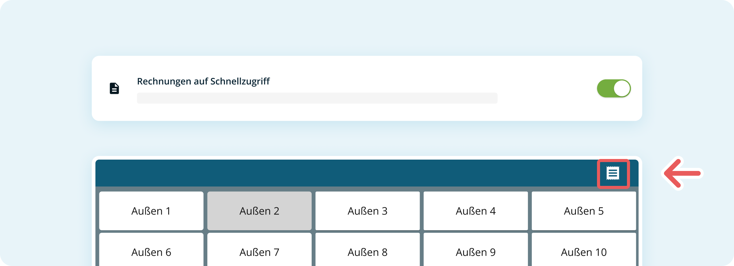 Rechnungen Schnellzugriff Button in Einstellungen