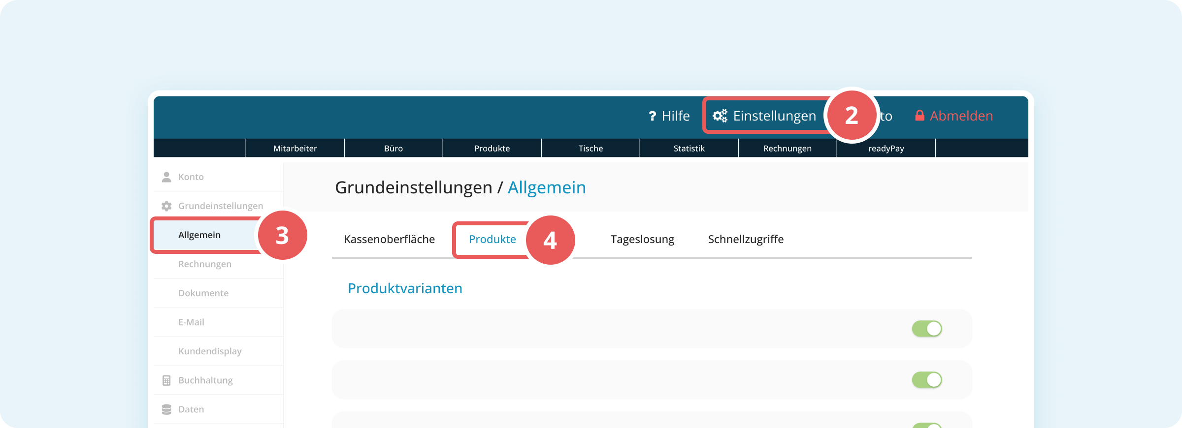 Navigation zu den allgemeinen Produkteinstellungen in der Verwaltungsoberfläche