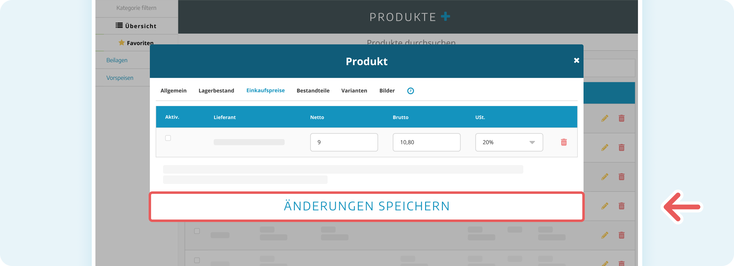 Produktänderung speichern