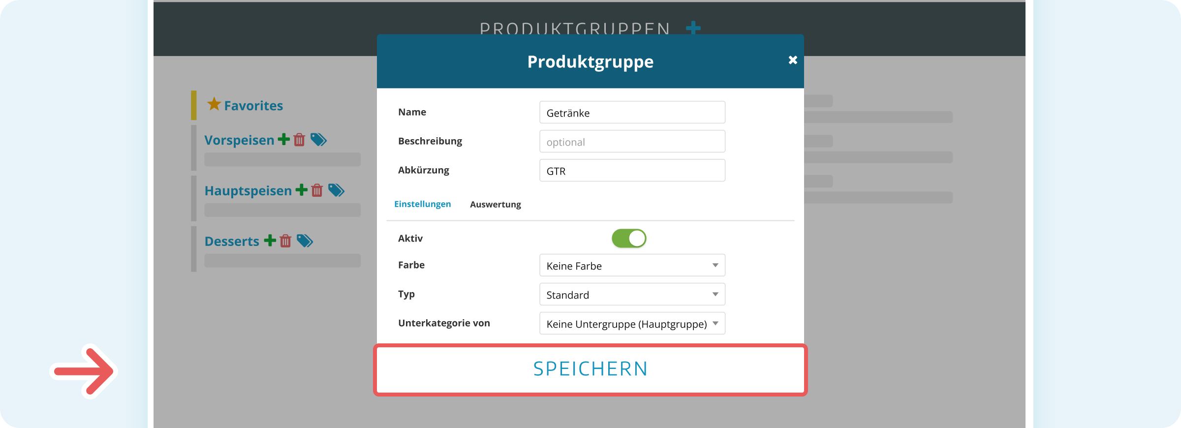 Produktgruppe speichern