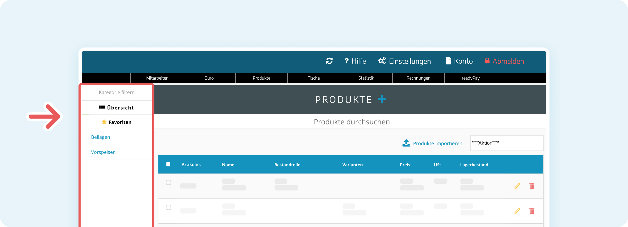 Linke Seitenleiste der Produktverwaltung: Produktgruppen