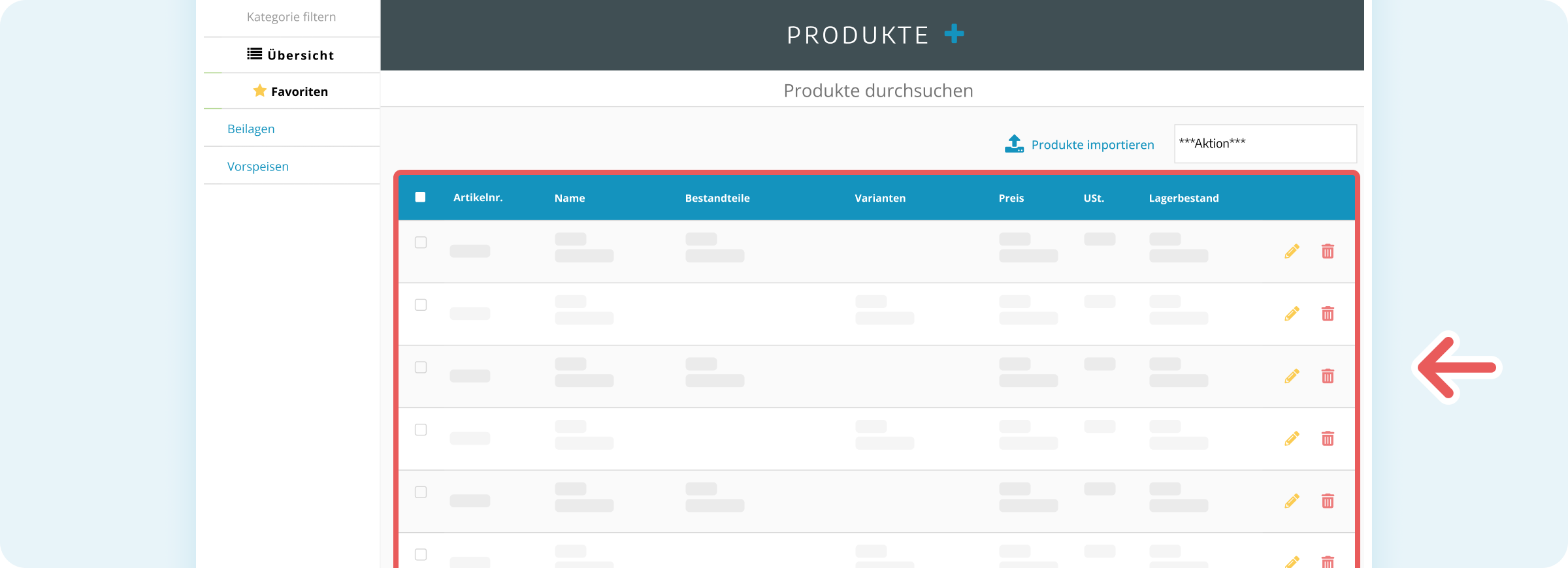 Hauptbereich der Produktverwaltung: Produktliste