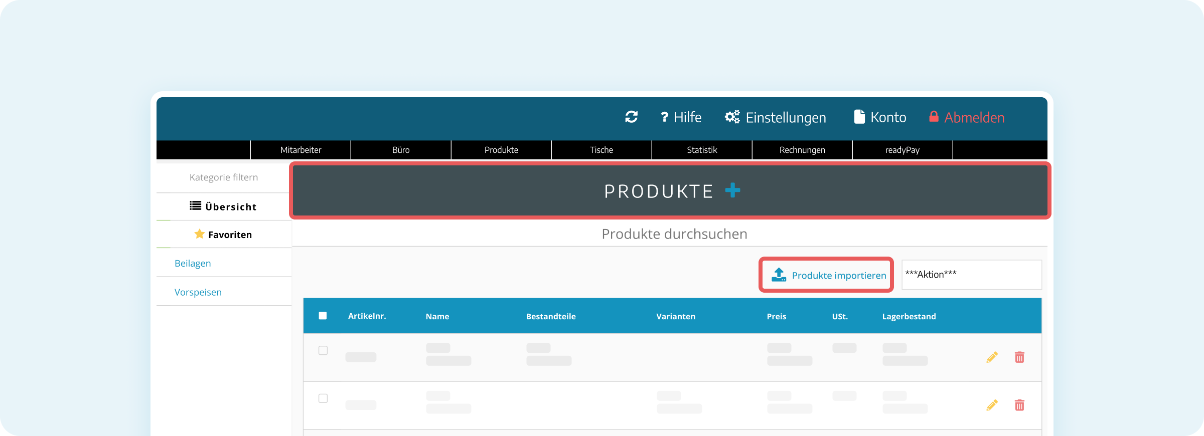 Aktionsleiste der Produktverwaltung