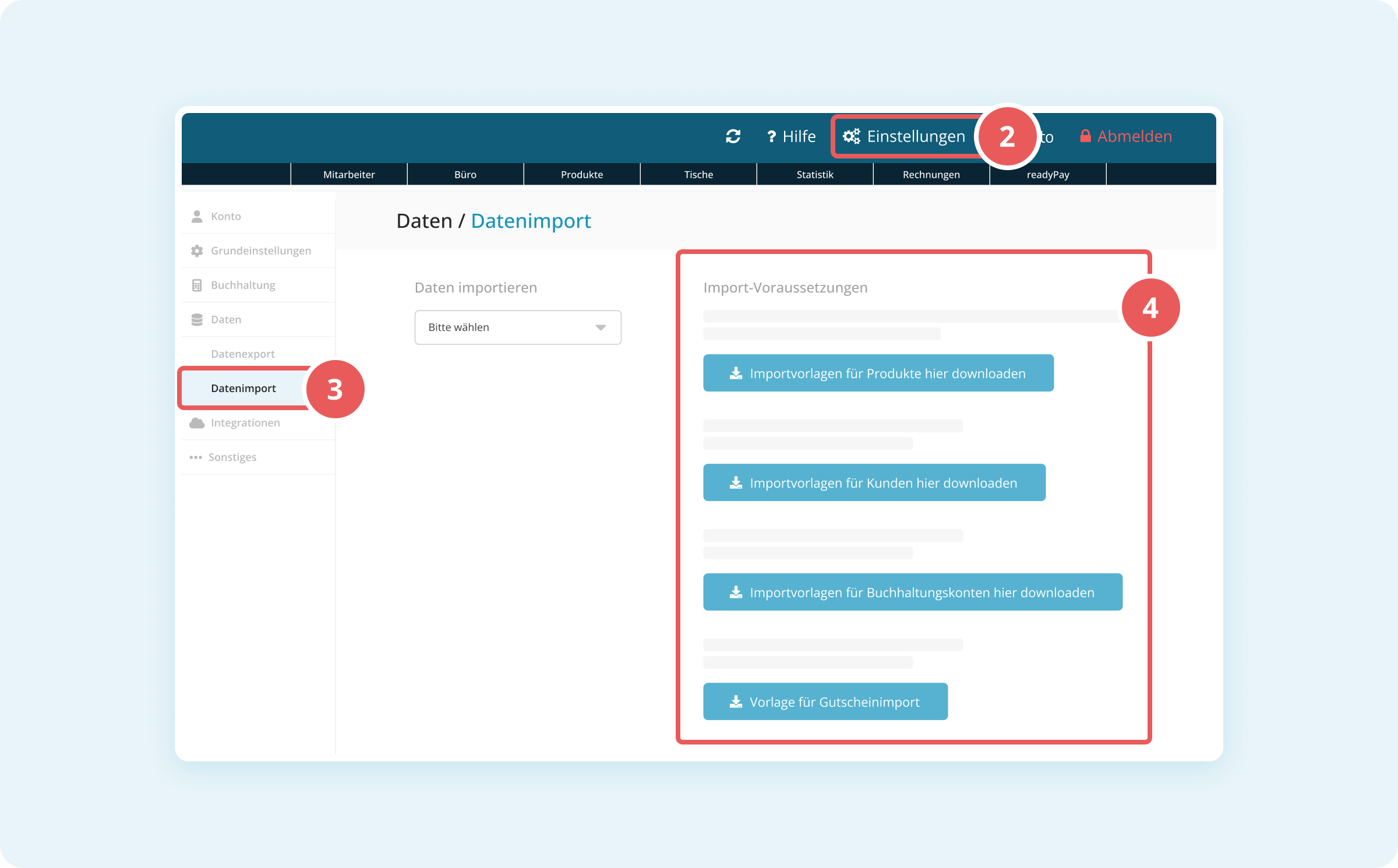 Datenimport-Seite mit Importvorlagen