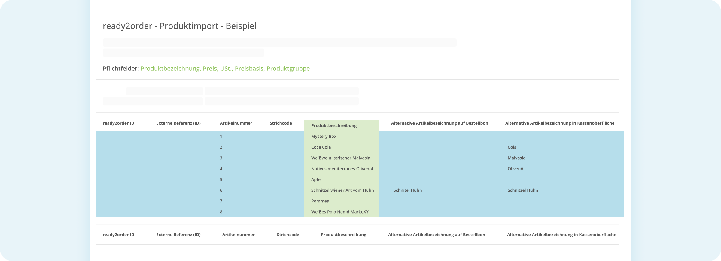 Ausgefüllte Importvorlage mit Beispielprodukten