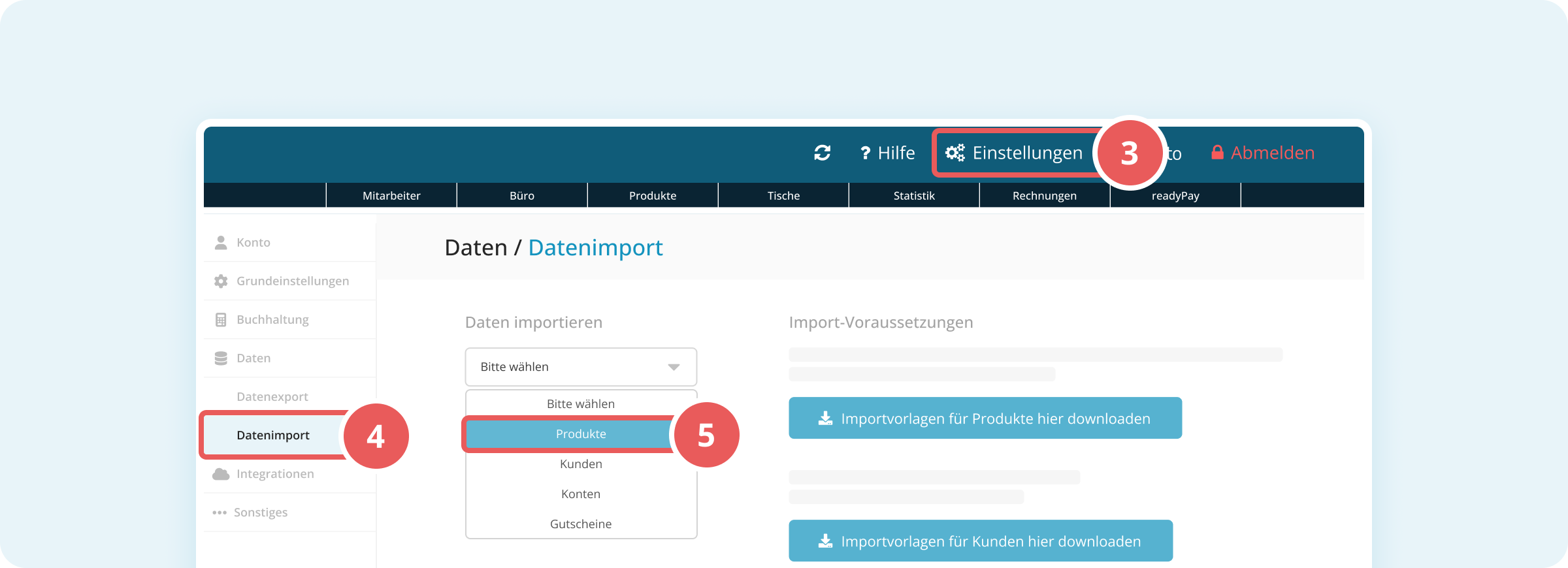 Dropdown-Menü Daten importieren