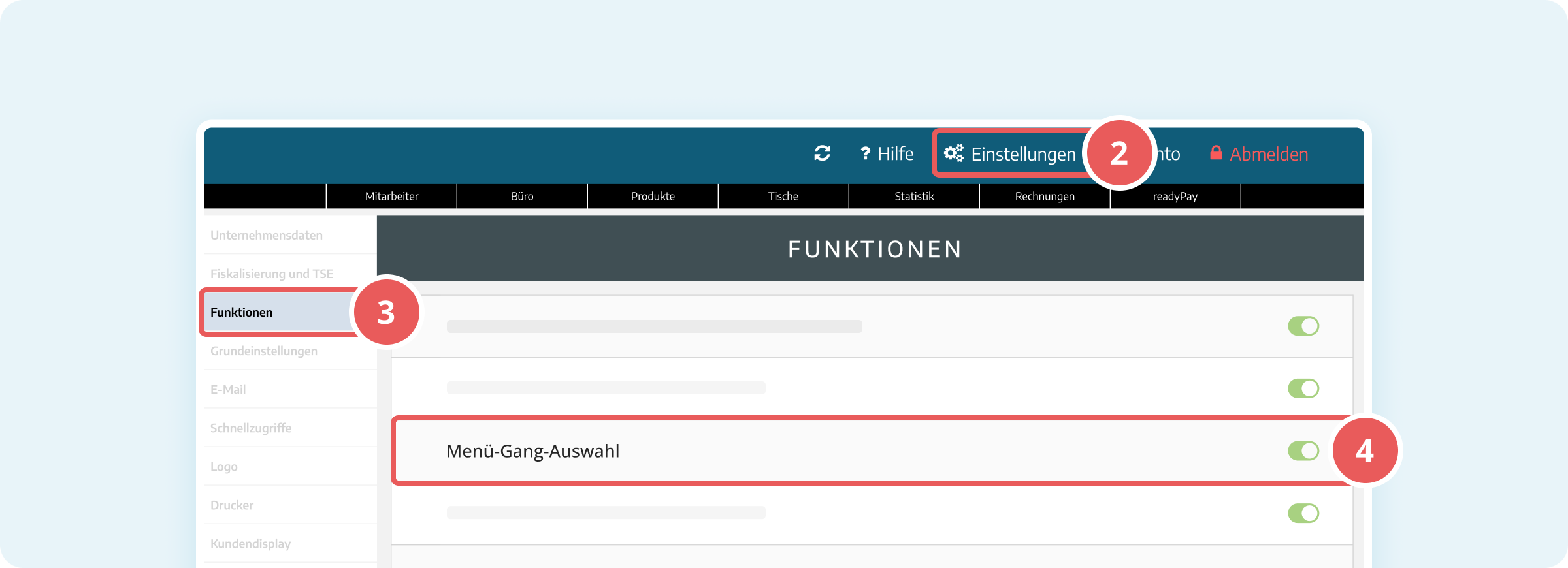 Menü-Gänge aktivieren in der Verwaltungsoberfläche