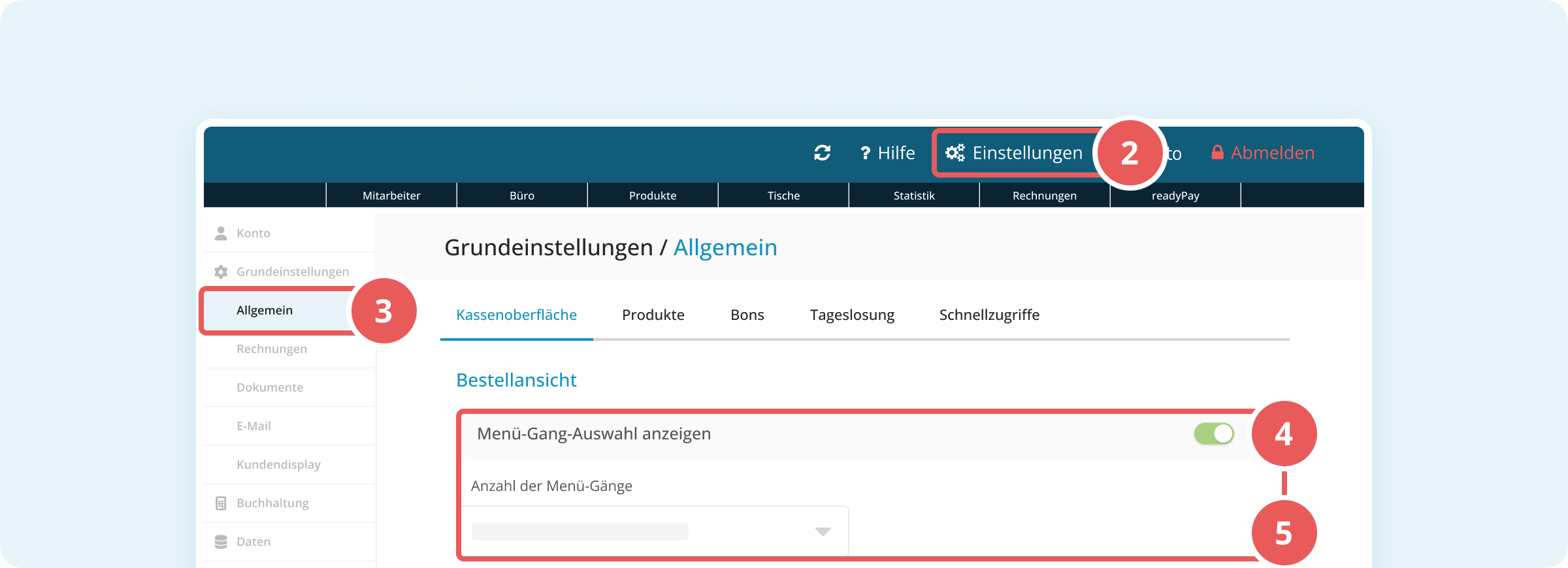 Menü-Gänge aktivieren in der Verwaltungsoberfläche