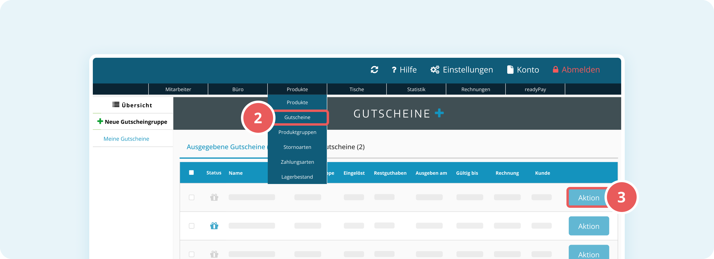 Aktions-Button bei Gutscheinen