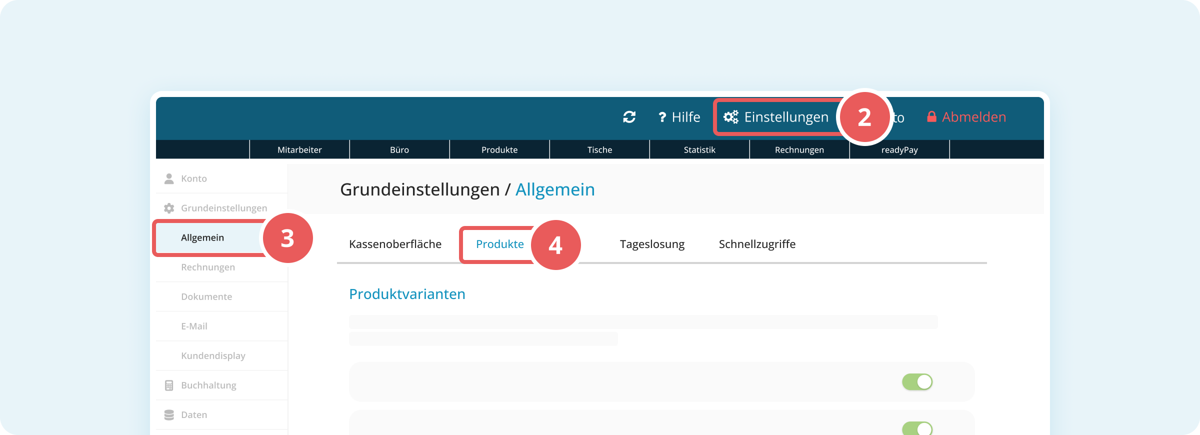 Navigation zu den Produkteinstellungen in der Verwaltungsoberfläche