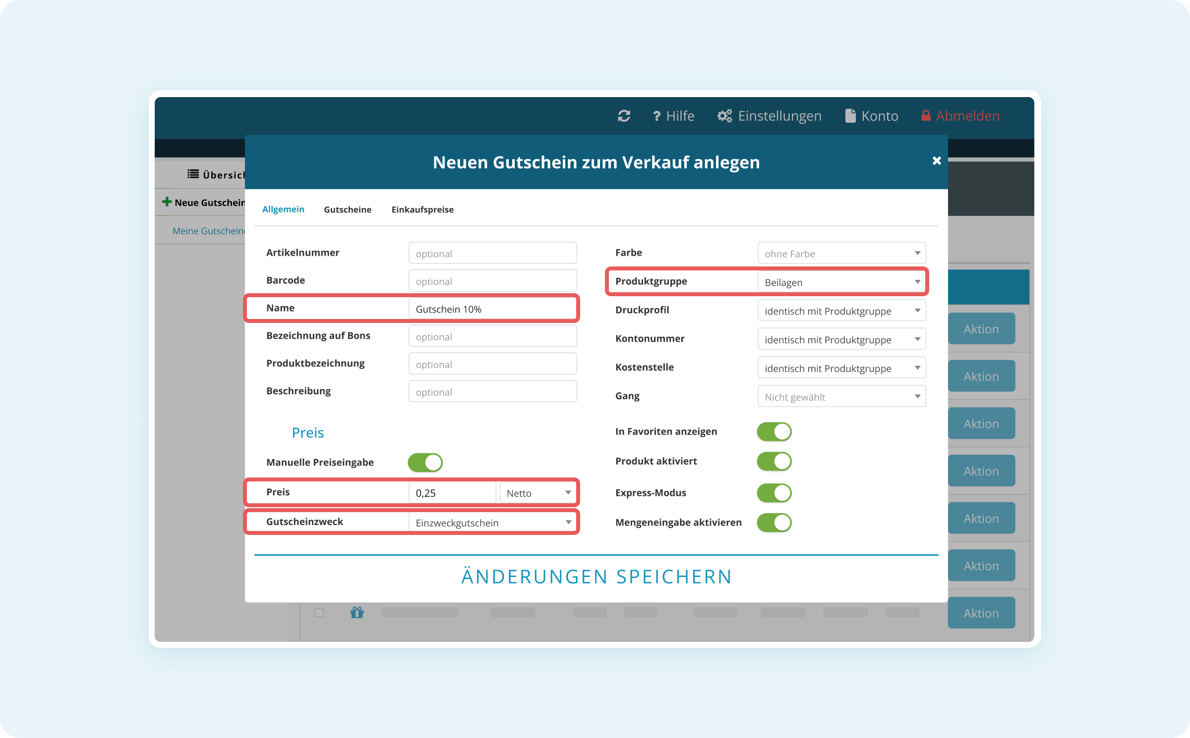 Dialog "Neuen Gutschein zum Verkauf anlegen"