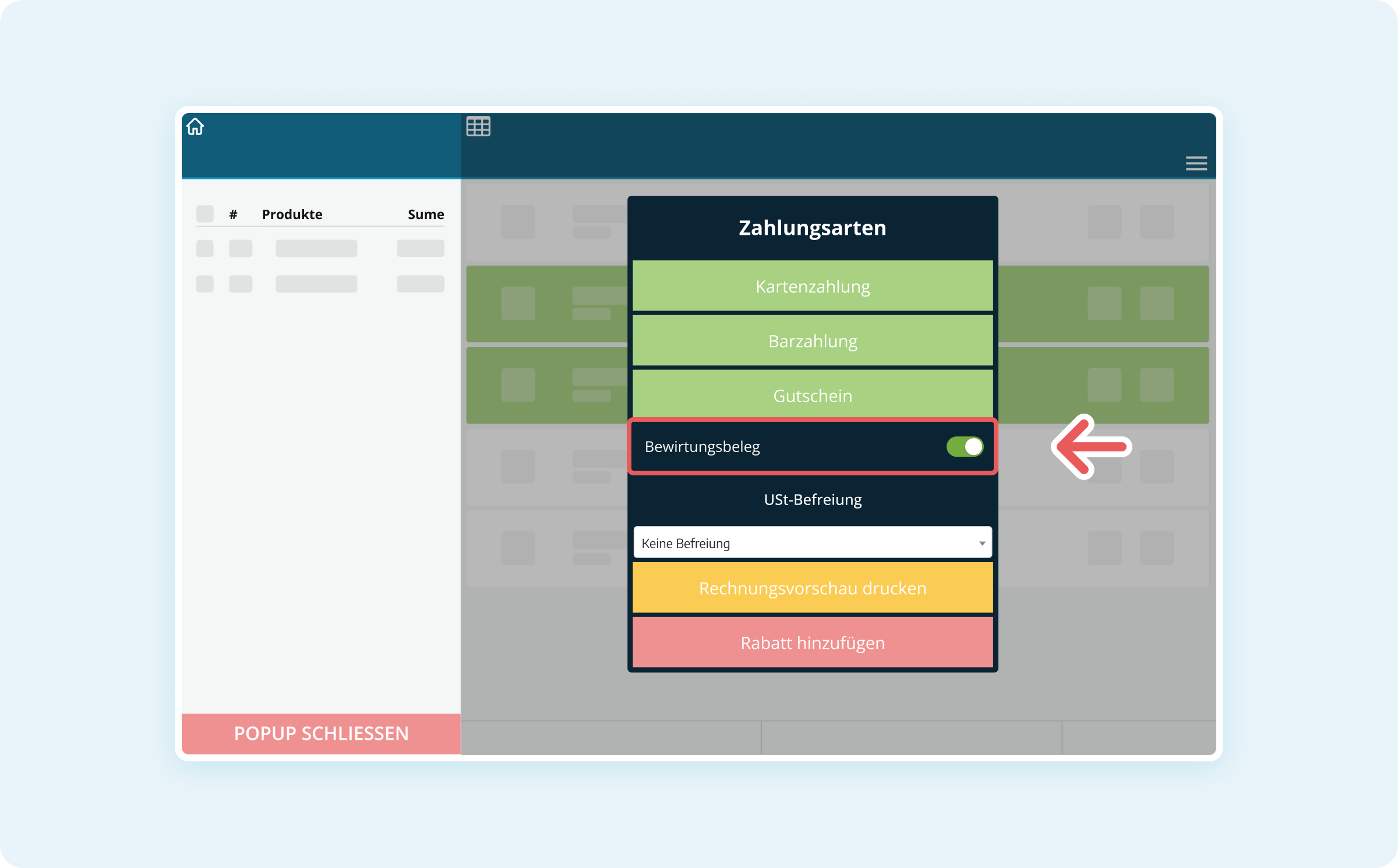 Zahlungsdialog mit aktiviertem Bewirtungsbeleg-Schieberegler