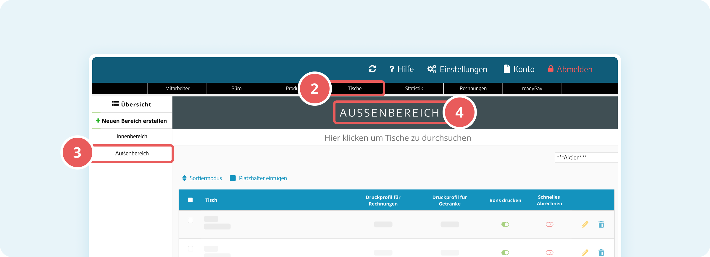 Tischbereicheinstellungen
