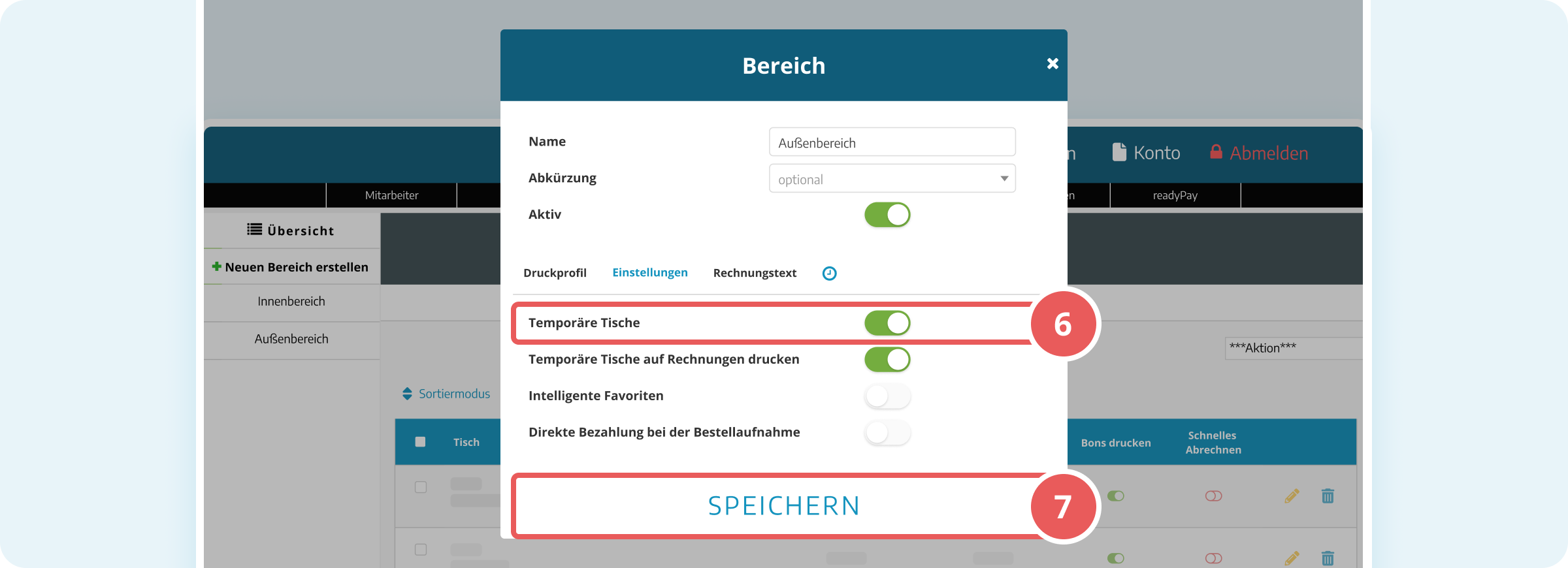 Tischbereicheinstellungen speichern