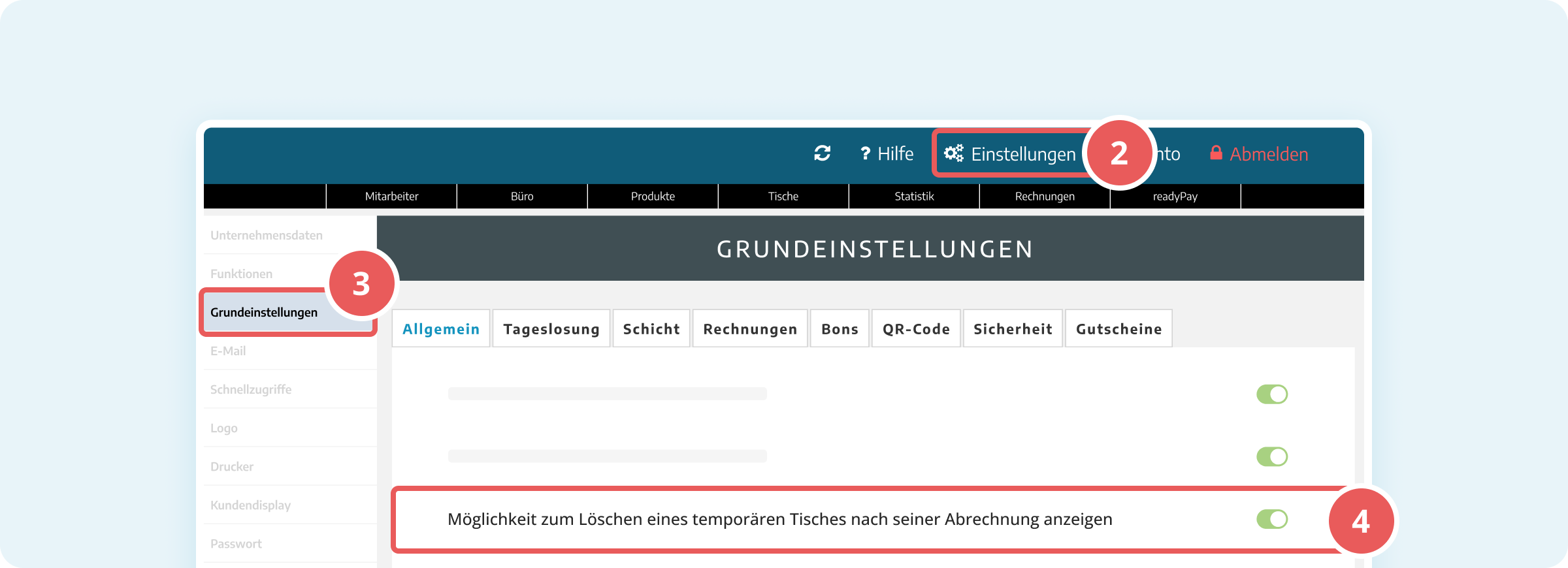 Grundeinstellungen mit aktivierter Option zum Löschen temporärer Tische