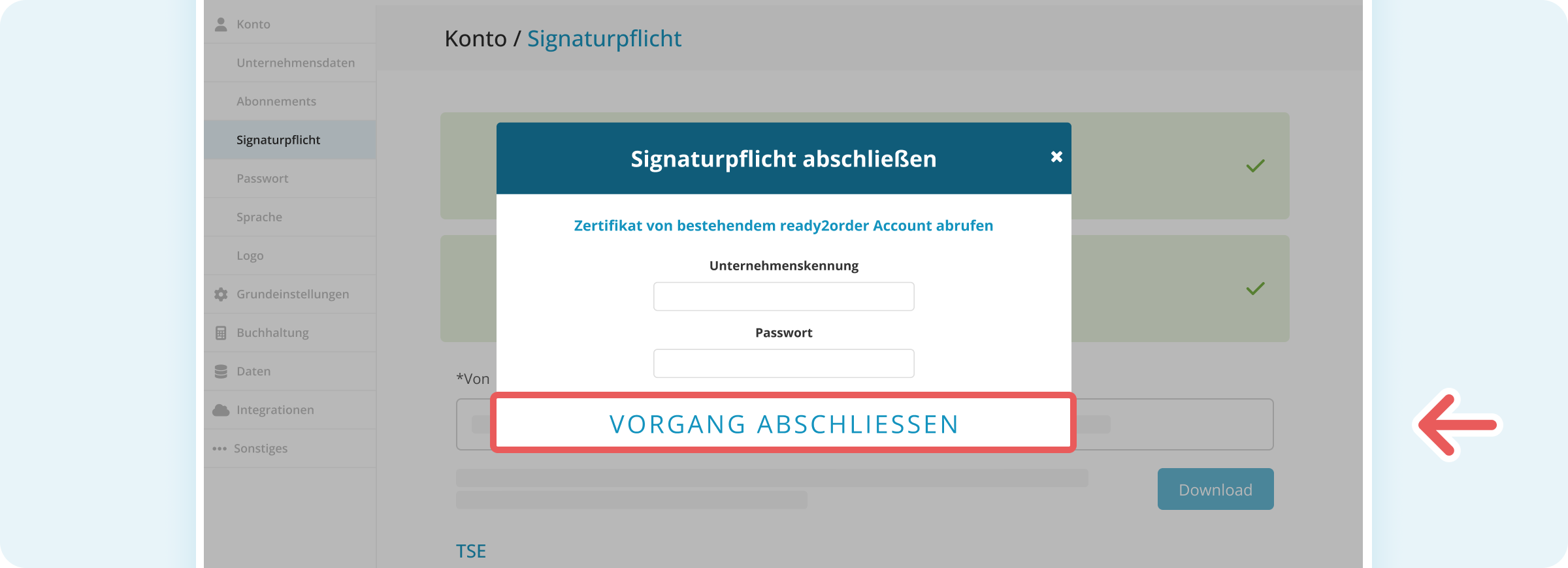 Eingabefelder für Unternehmenskennung und Passwort