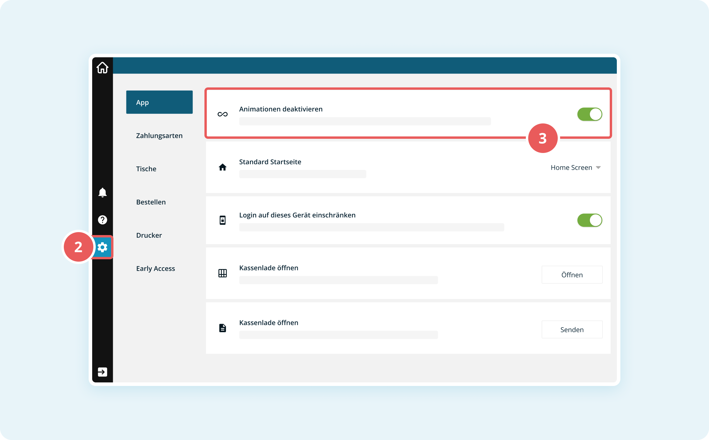 Einstellung der Animationen in der Kassenoberfläche