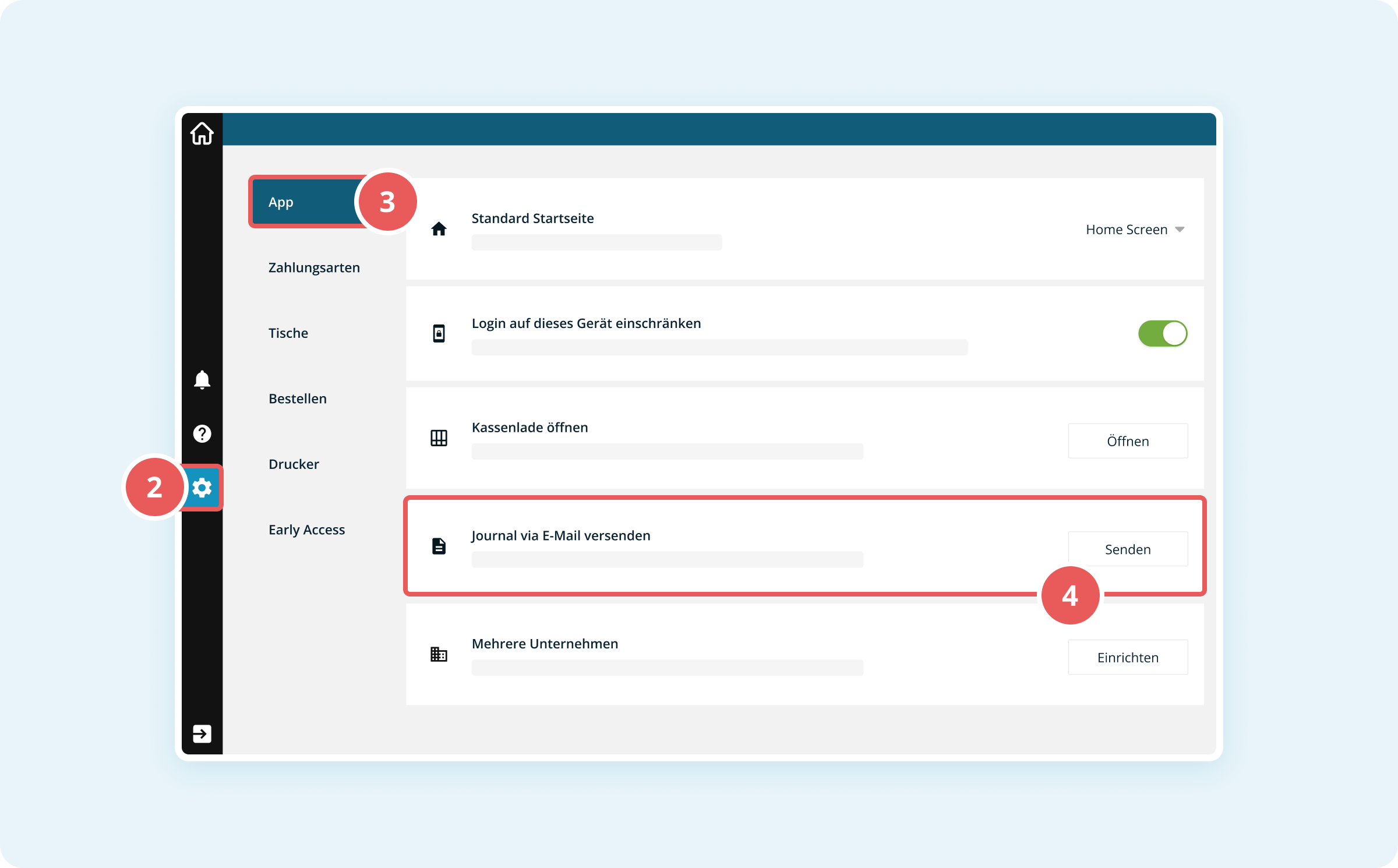 Screenshot der App-Einstellungen mit Journal per E-Mail versenden