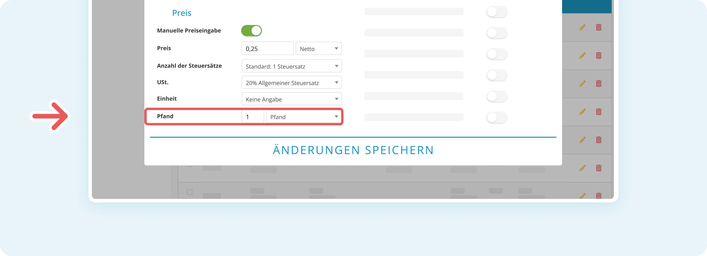 Pfand-Bereich im Produktdialog