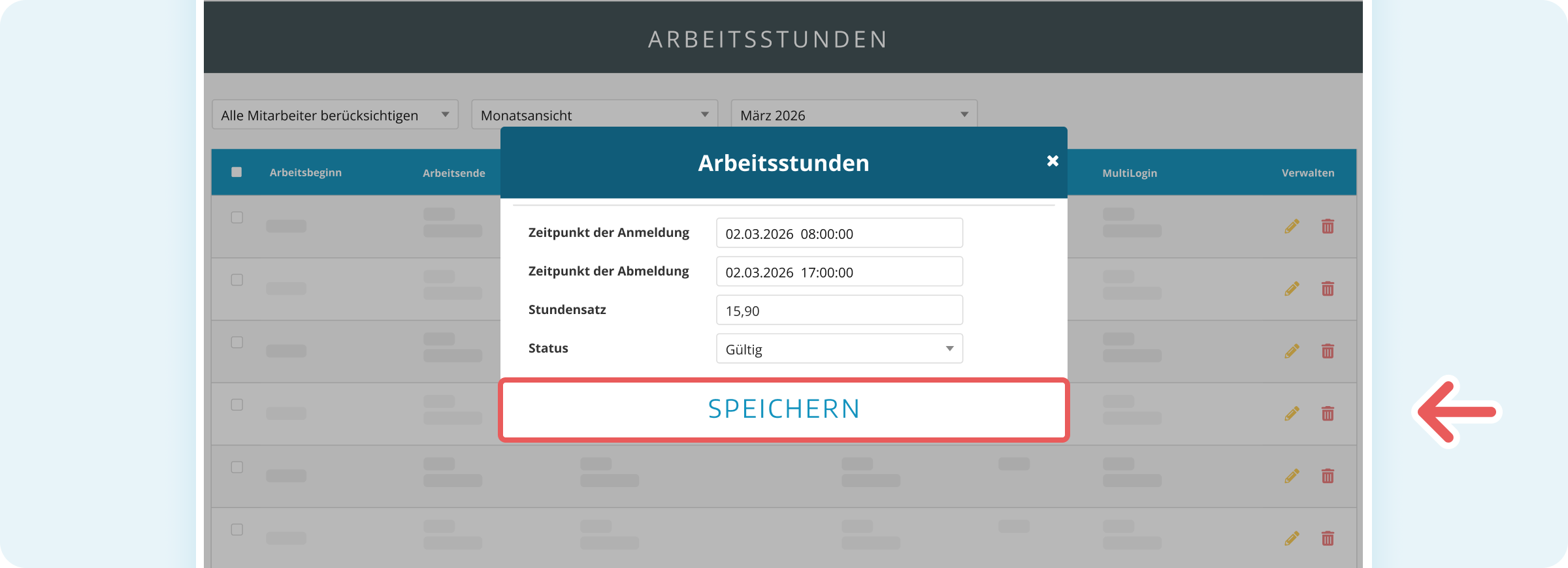 Arbeitsstunden bearbeiten und speichern