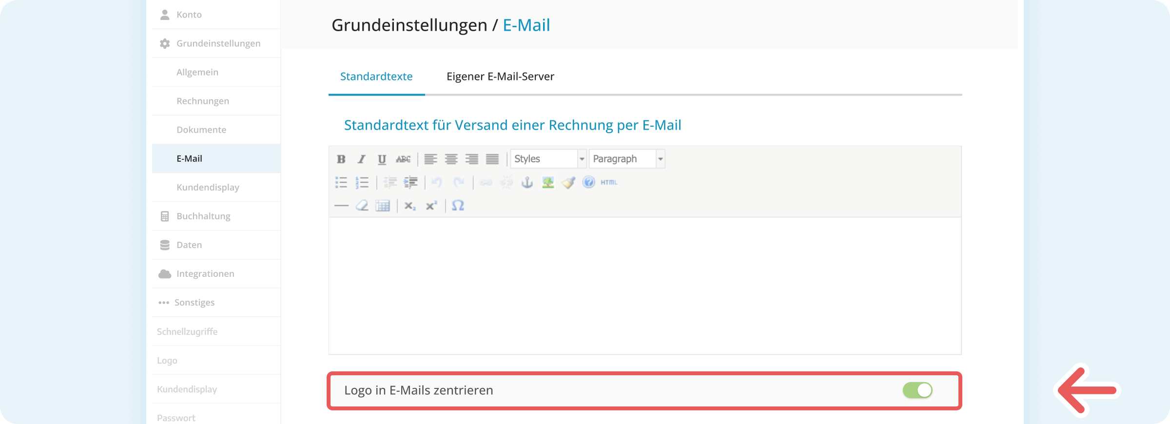 Einstellung zum Zentrieren des Logos in E-Mails