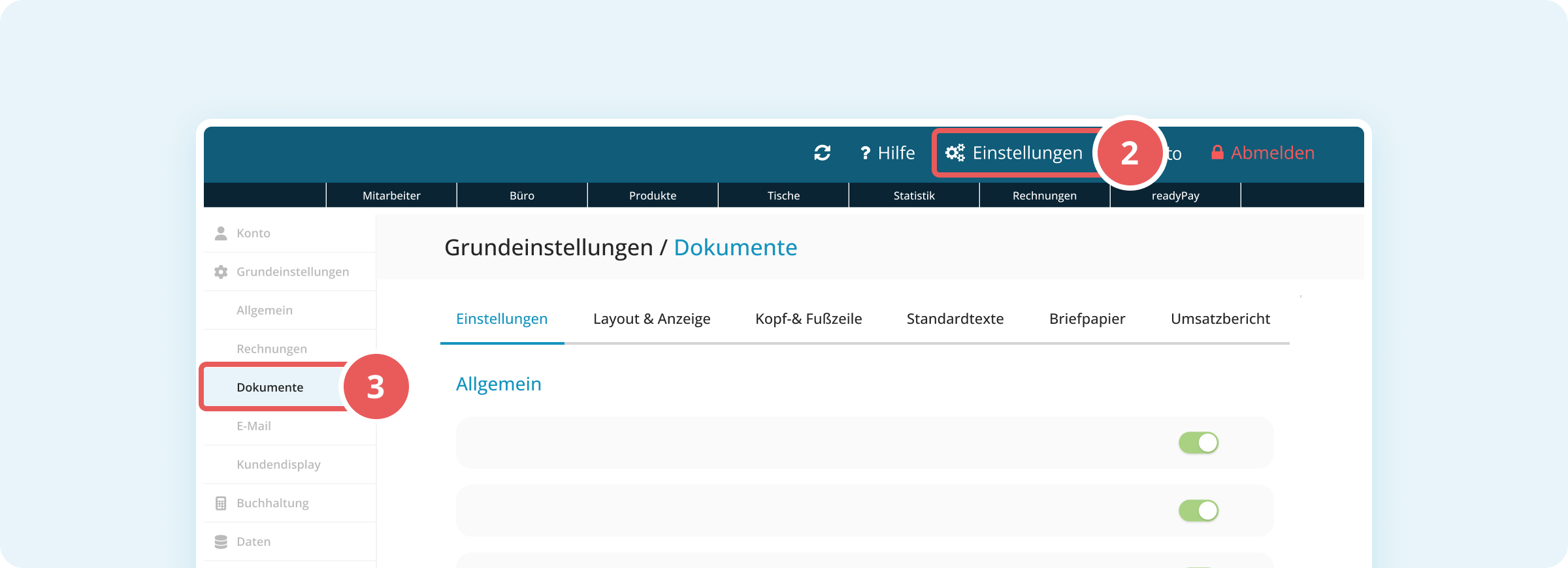 Navigation zu den Dokumenteneinstellungen in der Verwaltungsoberfläche