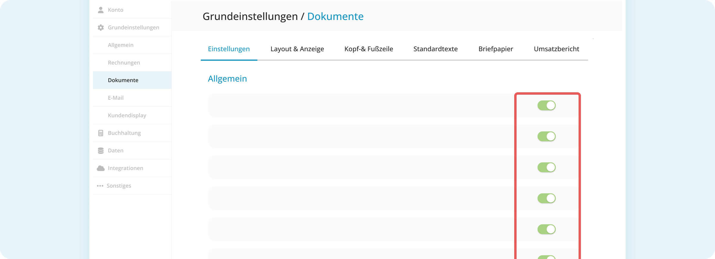 Einstellen was auf PDF-Rechnung angezeigt werden soll