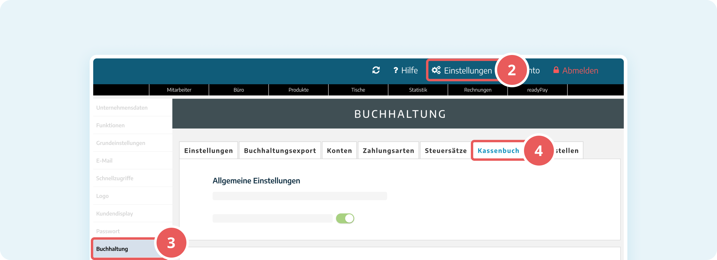 Navigation zu den Einstellungen des Kassenbuchs in der Verwaltungsoberfläche