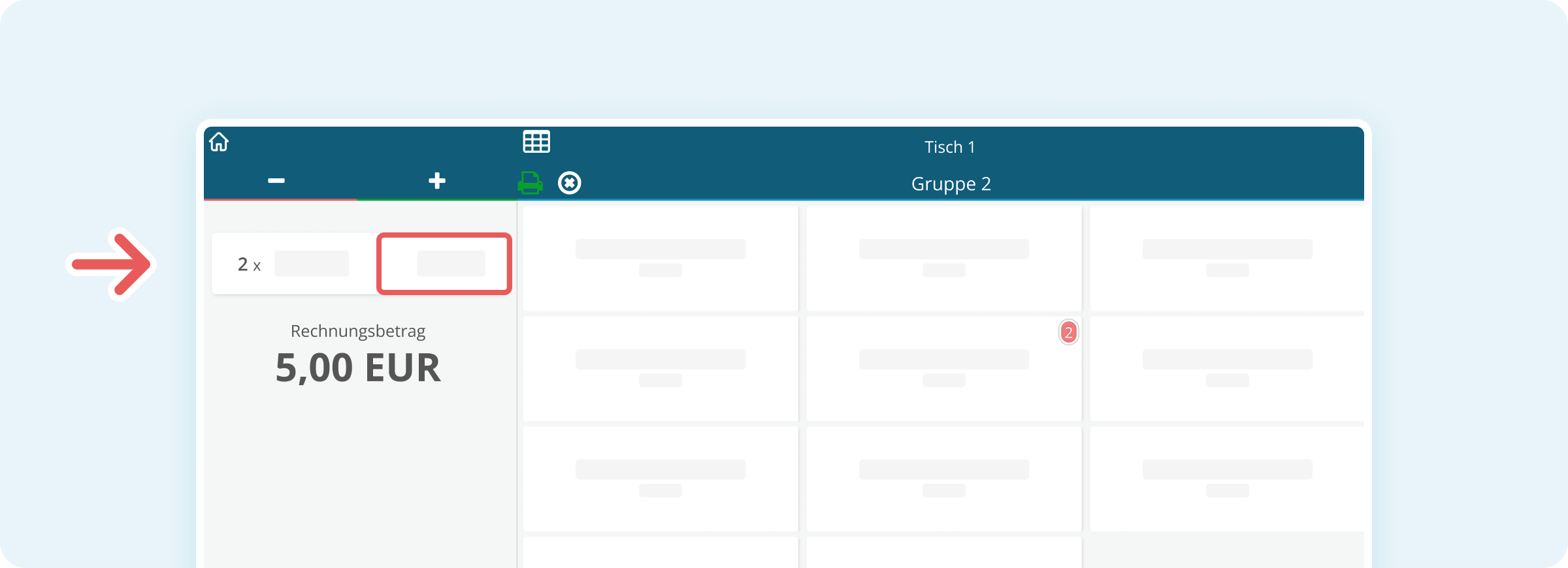 Rechte Hälfte des Produktbuttons in der Rechnungsliste um die Menge oder den Preis eines bereits gebuchten Produkts anzupassen