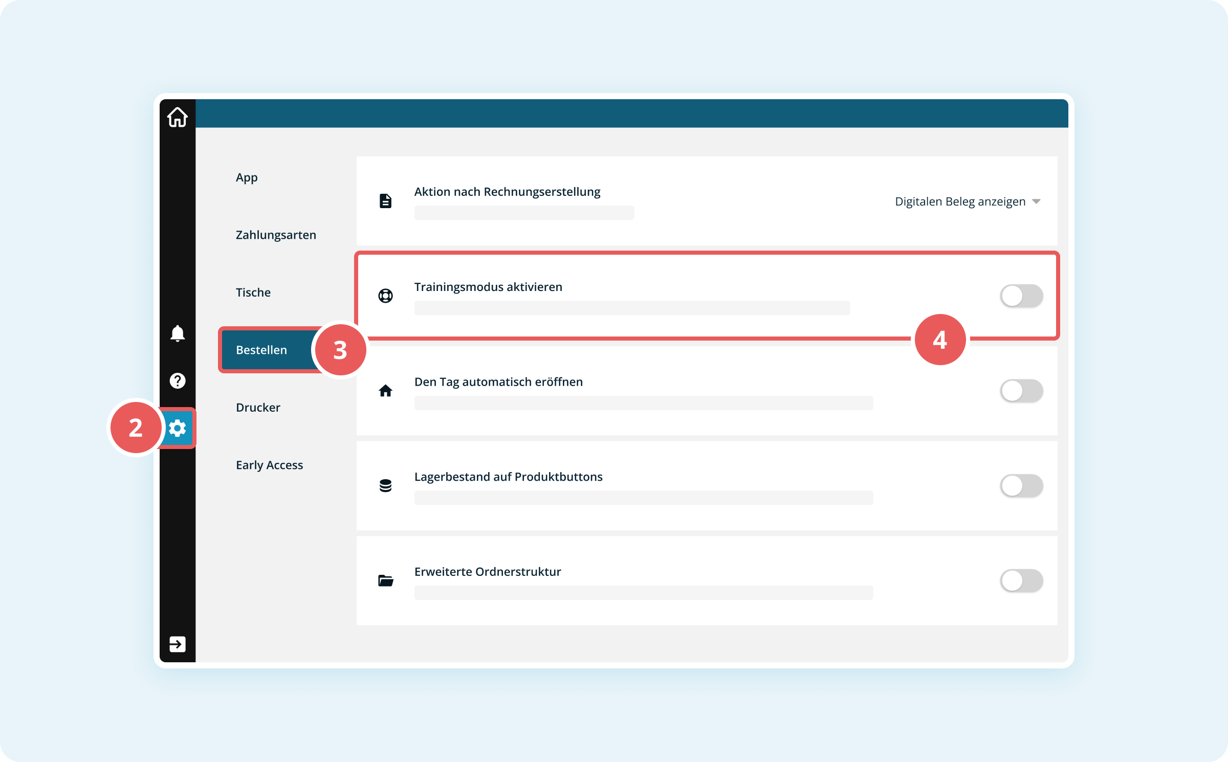 Screenshot des Einstellung des Trainingsmodus in der Kassenoberfläche