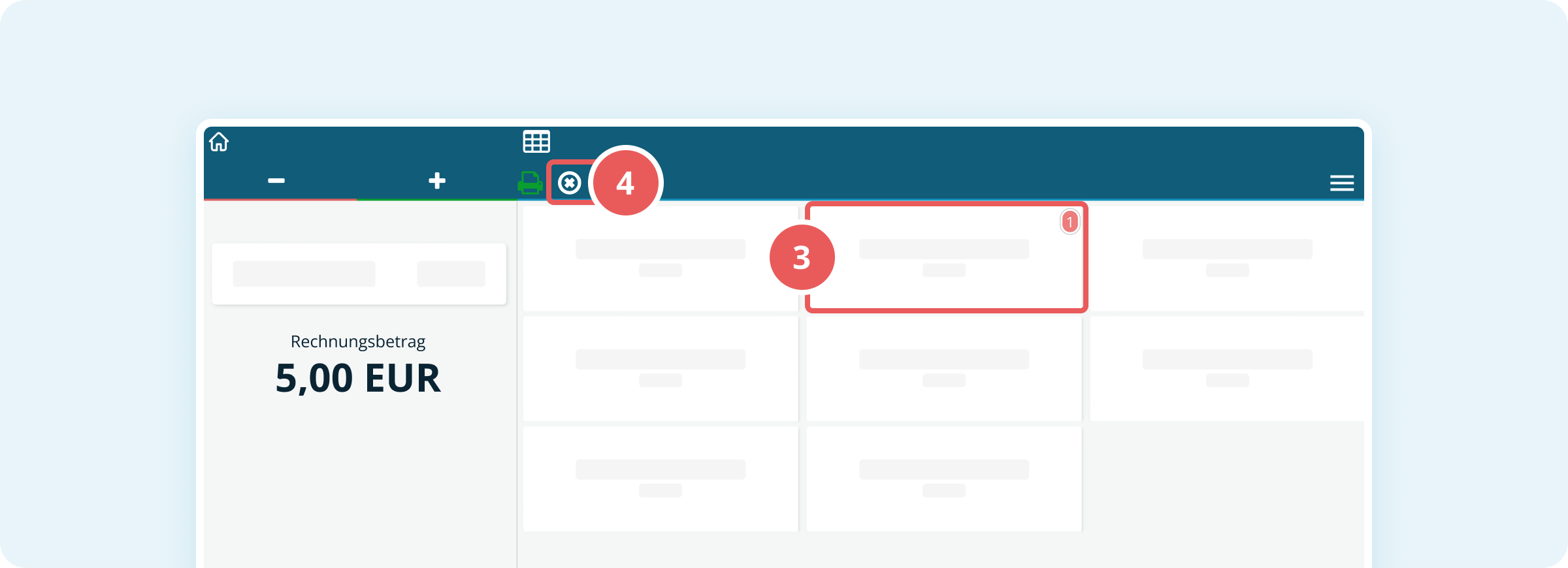 Produktauswahl und Aktivierung des Retourbuchungsmodus in der Kasse