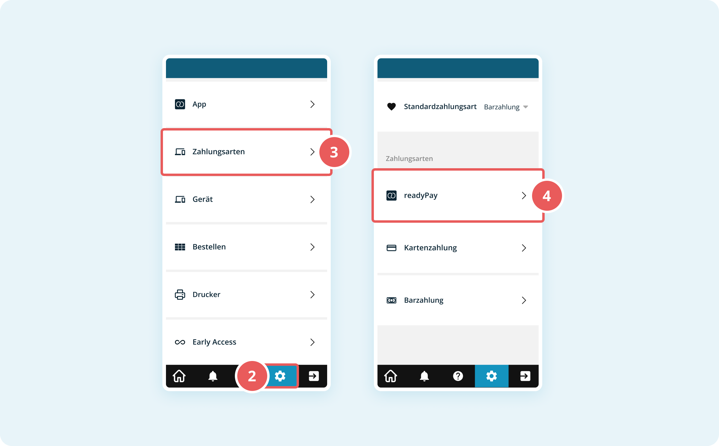 Navigation zu den readyPay-Einstellungen in der Kassenoberfläche