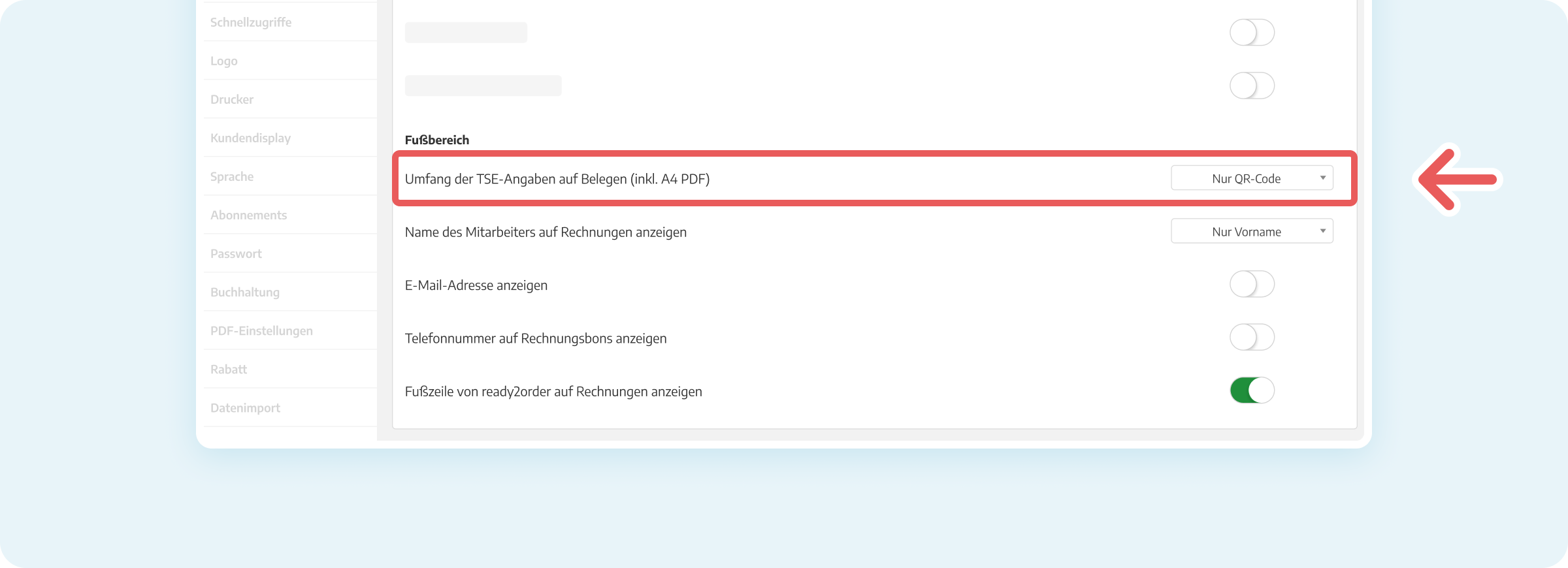 Einstellung des Umfangs der TSE-Angaben