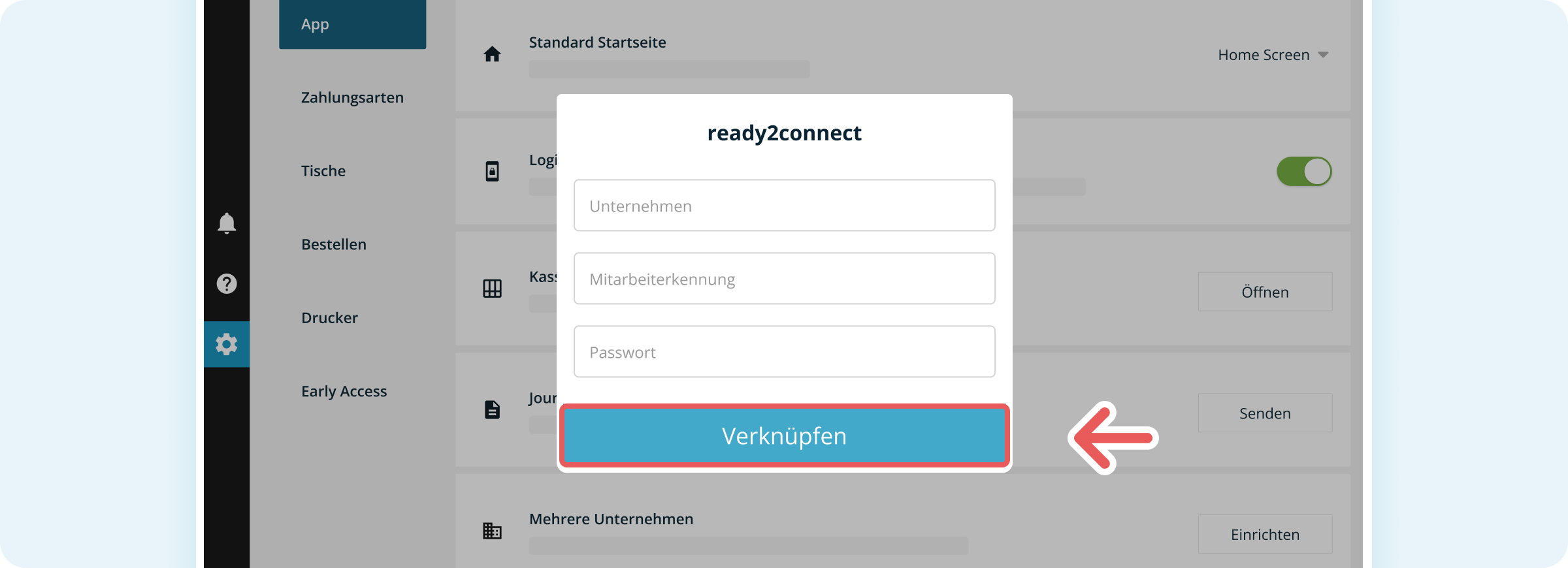 Screenshot des ready2connect Pop-Ups mit Eingabefeldern