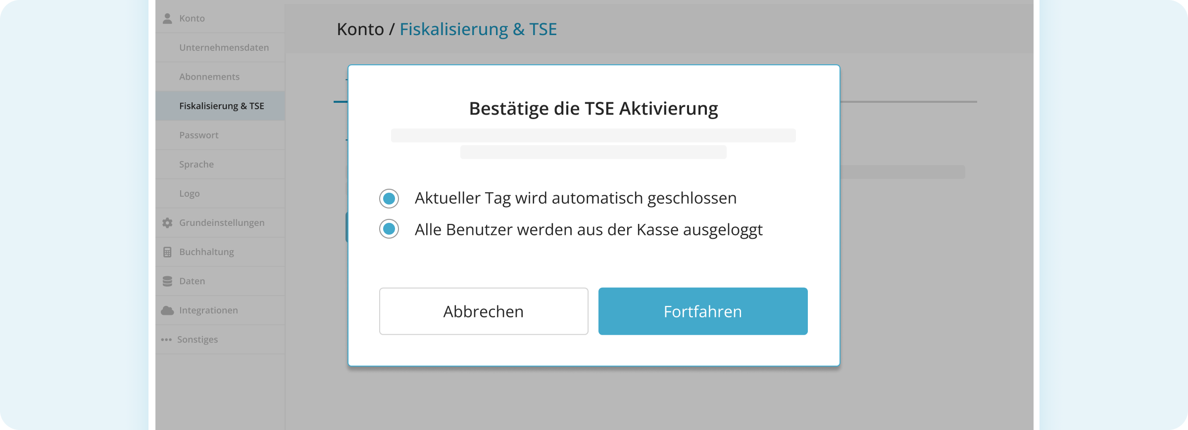 Confirmation pop-up for TSE activation